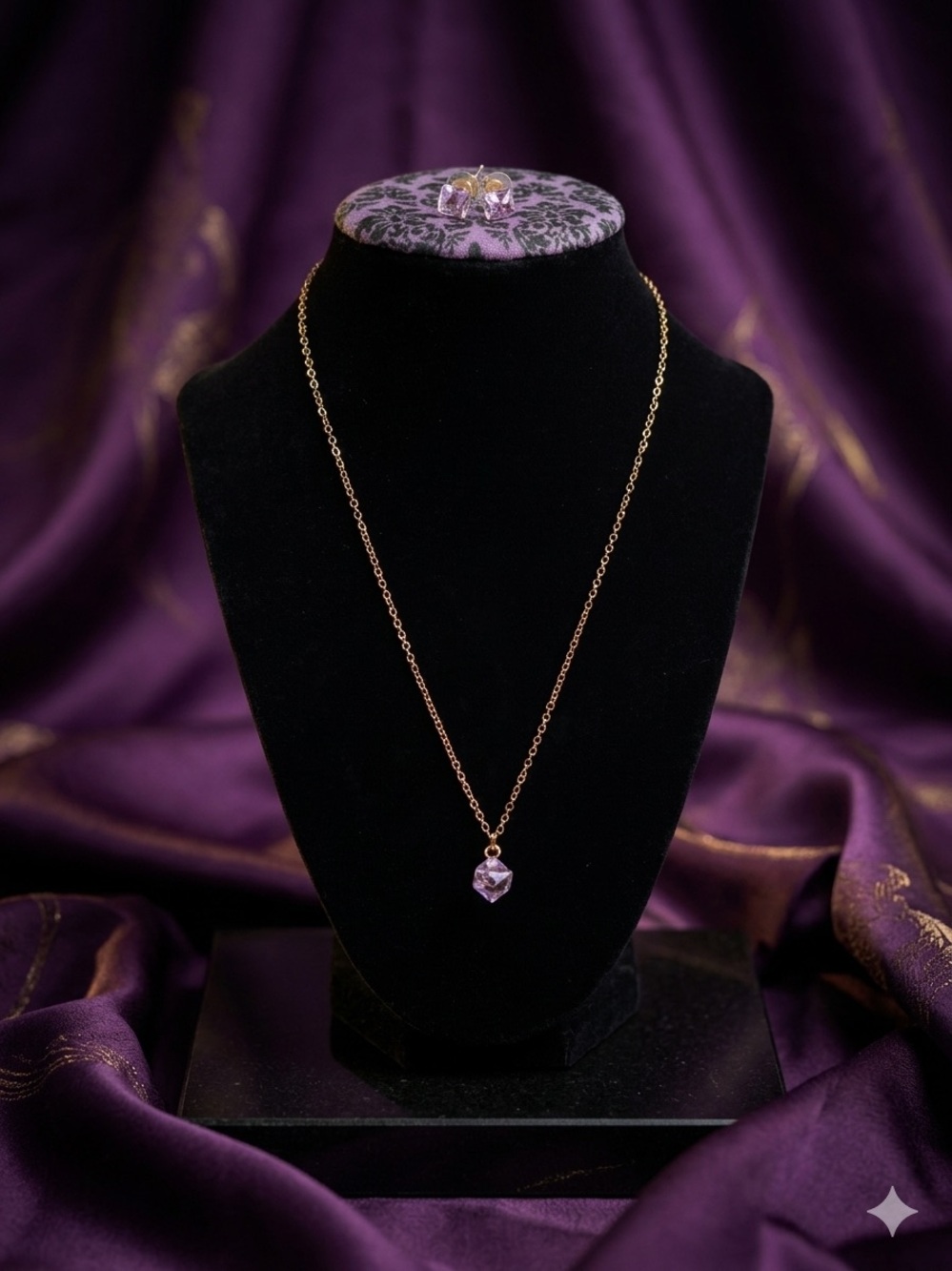 Delicate Gold-Tone Chain Necklace with Lavender Crystal Pendant & Earrings set
